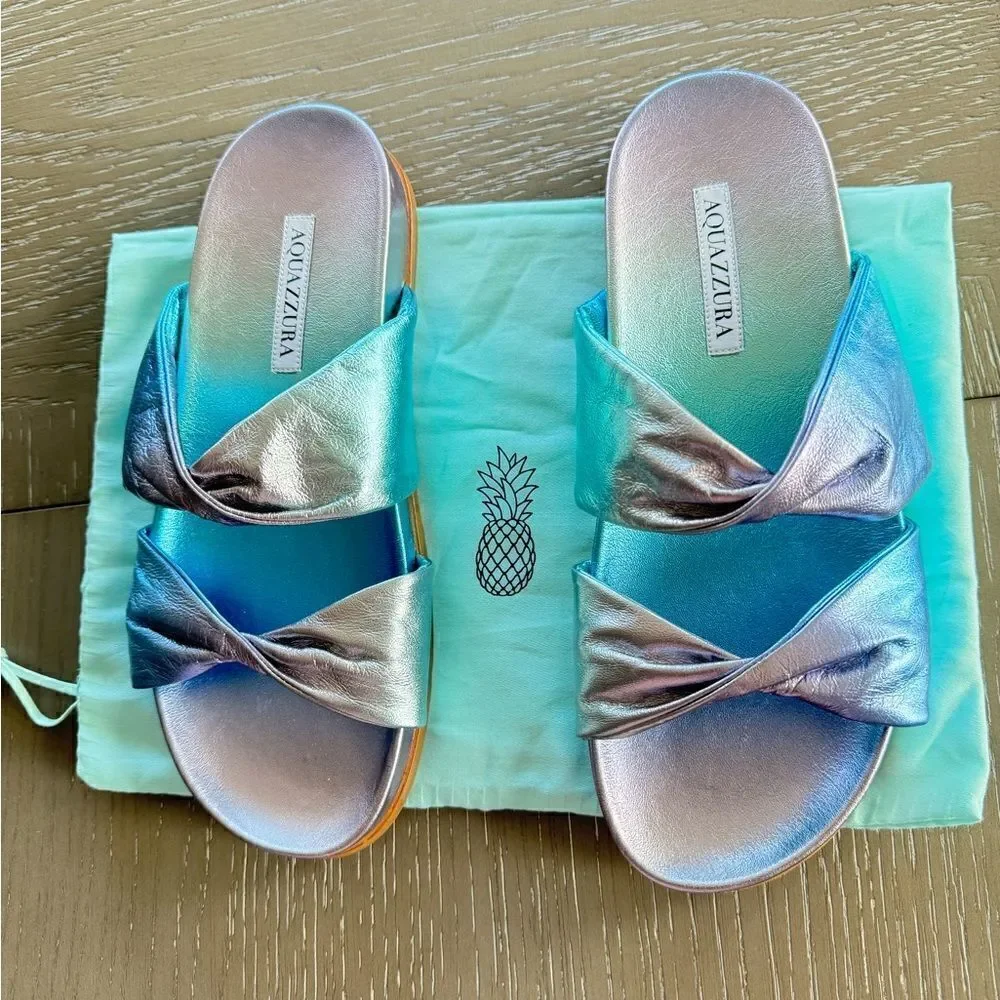 Aquazzura Twist Leather Metallic Blue Sandals Slides Made in Italy Size 38 NWOB